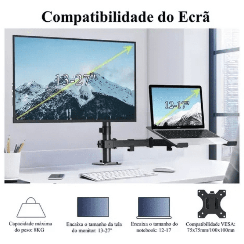 Suporte Monitor e Notebook Articulado para Mesa - Kinten